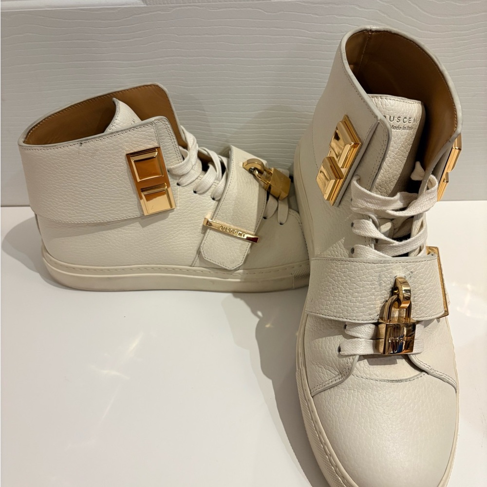 Buscemi Cream High-Top Sneakers with Gold Hardware